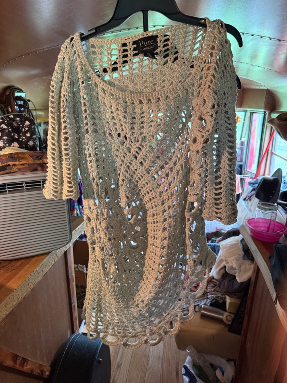 Pure Handknit Women's Crochet Tunic - Cream Openwork Top